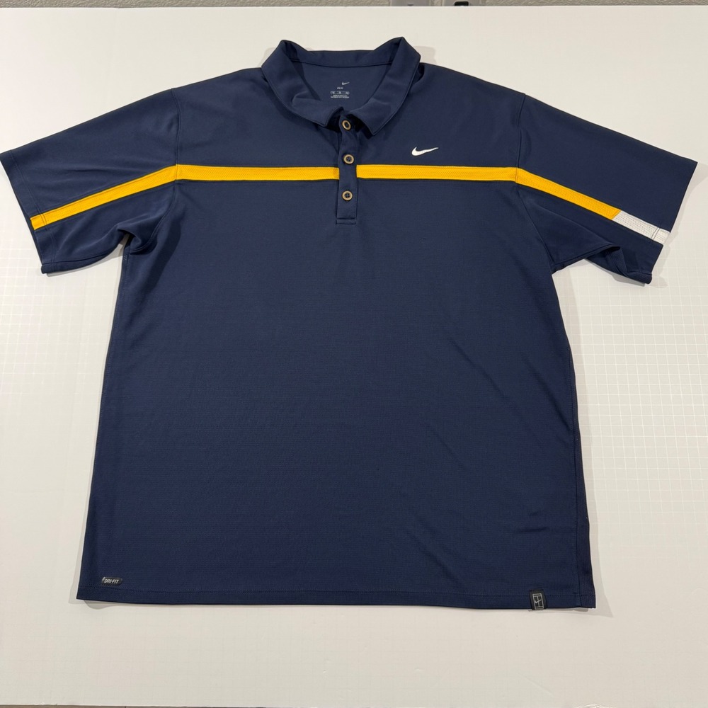 Nike Polo Shirt Mens XL Navy Blue Yellow Stripe Dri-FIT Golf Tennis Short Sleeve